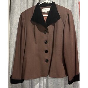 Madrigano Suits Brown Blazer 100% Wool Jacket Size 14 Faux Fur Trim Black Vtg